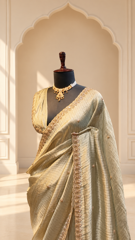 Sage Green Gold Tissue Saree