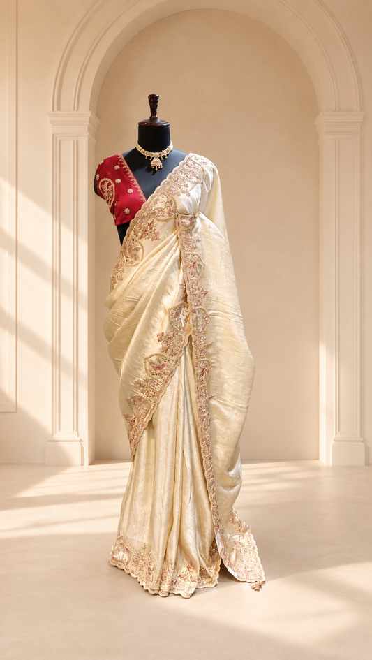 Ivory Gold Heritage Saree with Rani Pink Blouse