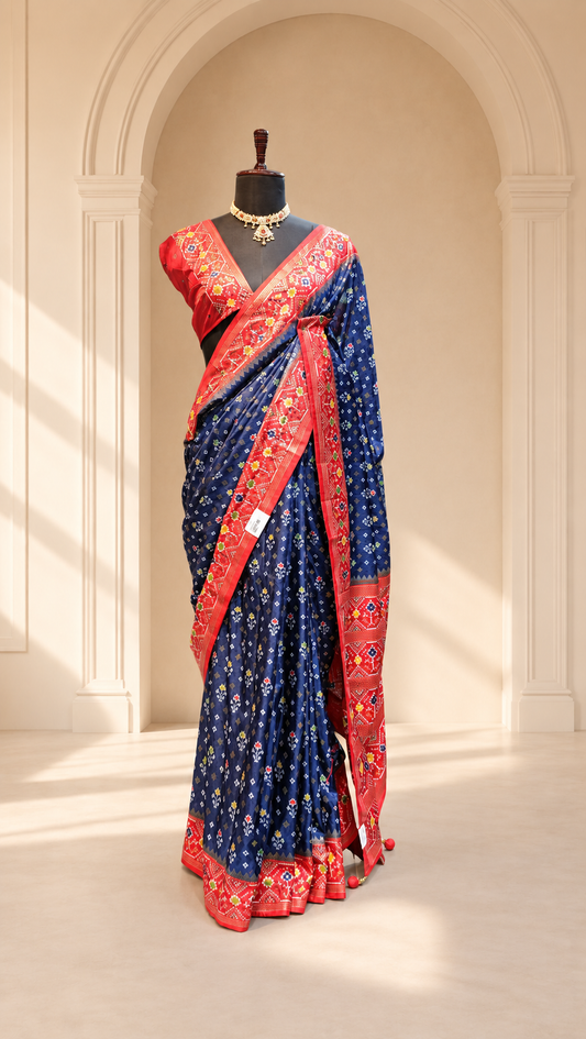 Royal Blue & Vermilion Patola Inspired Saree