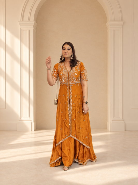 Burnt Orange Embroidered Anarkali Cord Set