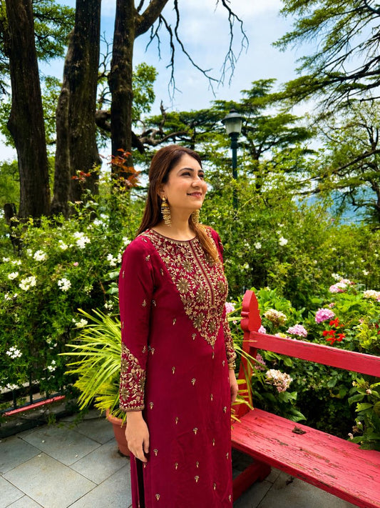 Rani Wine Heritage Embroidered Kurta