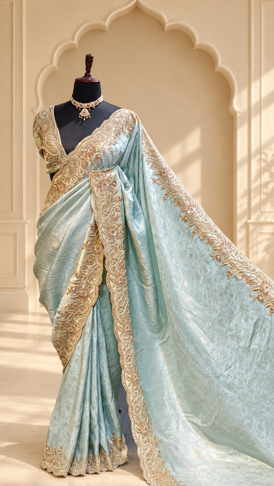 Powder Blue Pearl Heritage Saree