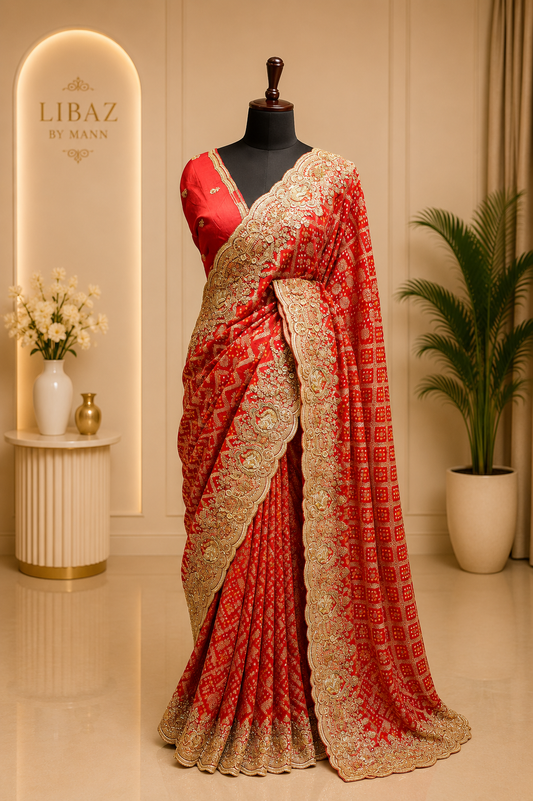 Red Bandhej Embroidered saree