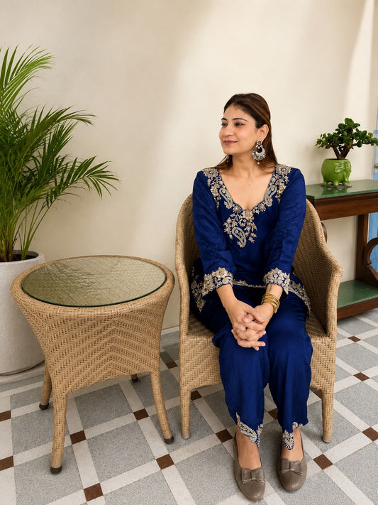 Midnight Blue Heritage Embroidered Kurta Set
