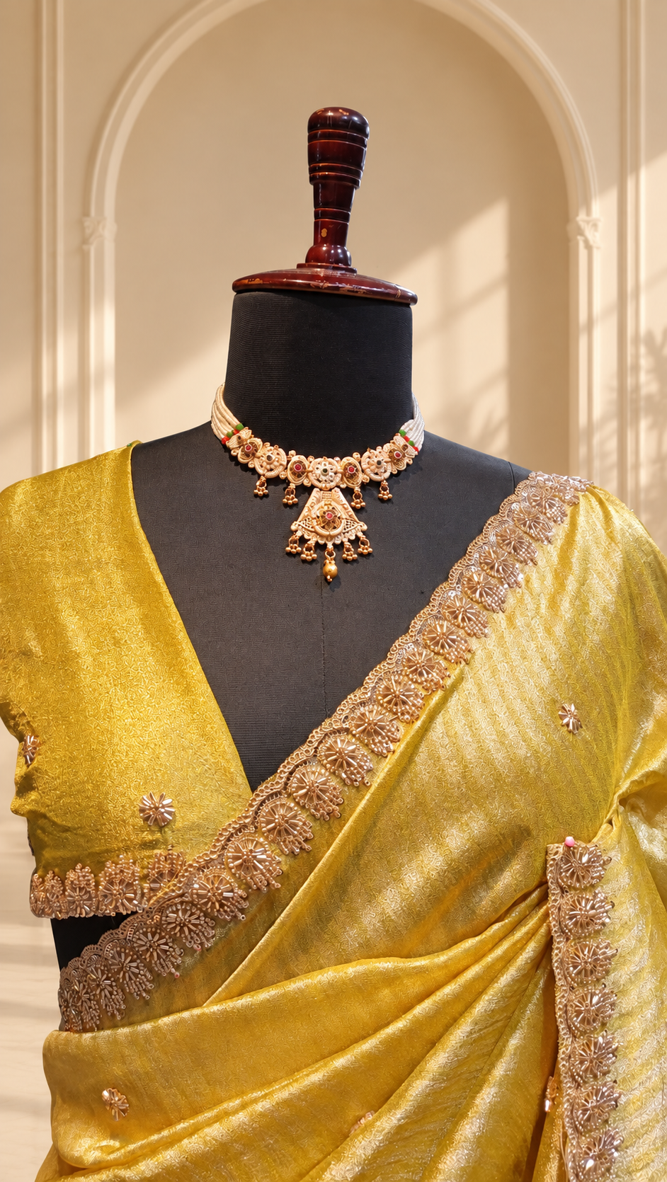 Lime Gold Tissue Silk Saree