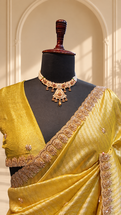 Lime Gold Tissue Silk Saree