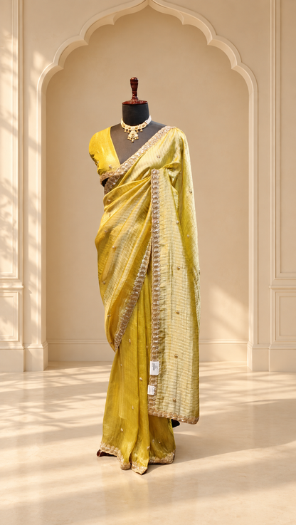 Lime Gold Tissue Silk Saree