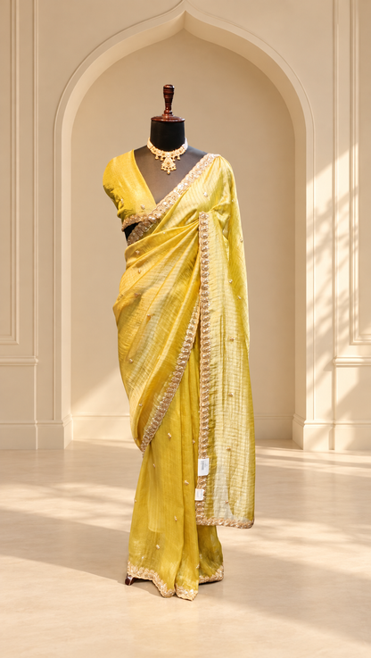 Lime Gold Tissue Silk Saree