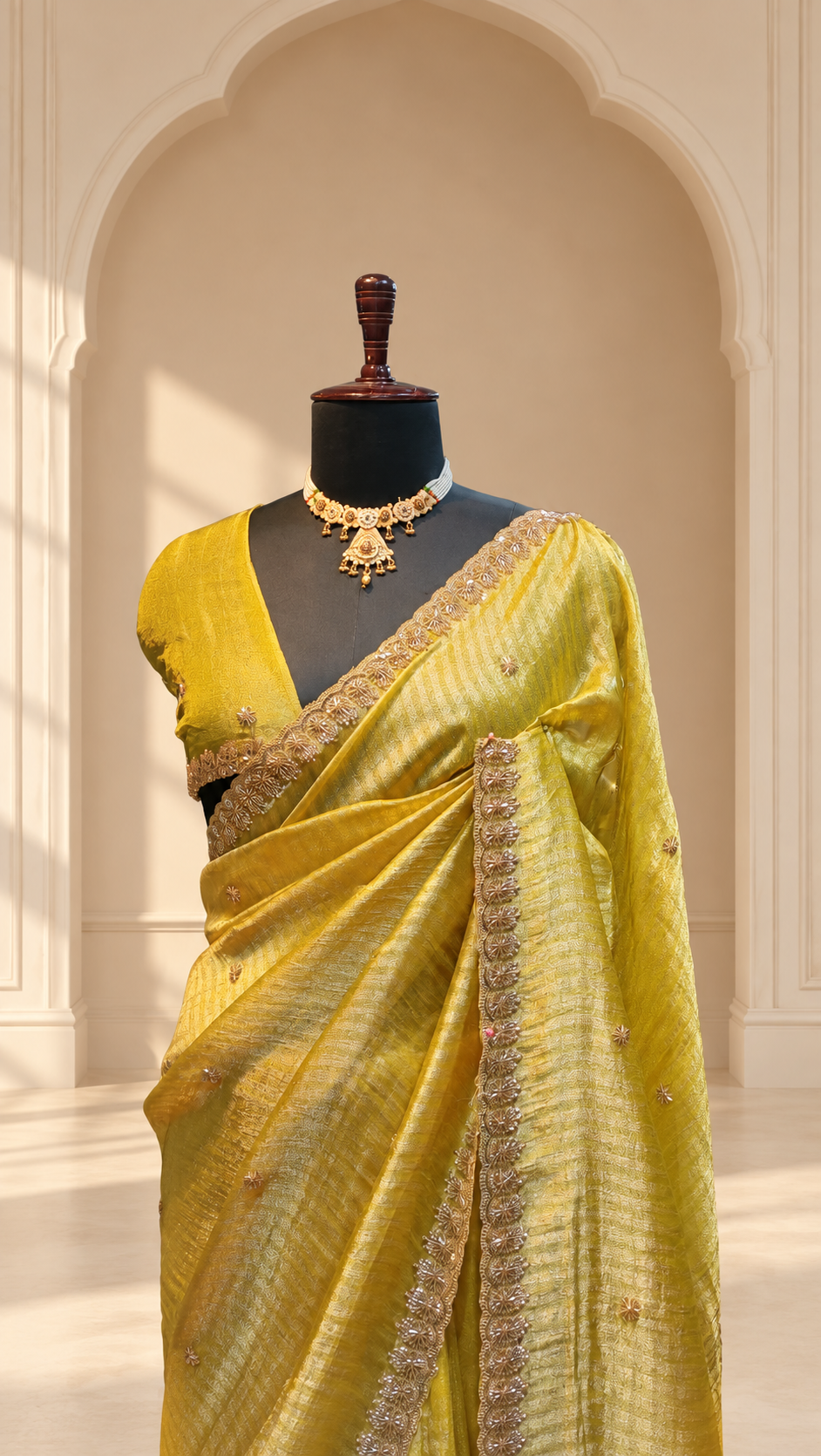 Lime Gold Tissue Silk Saree