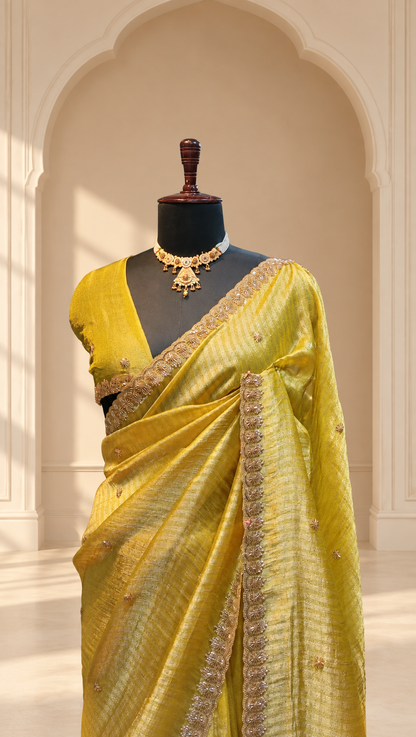 Lime Gold Tissue Silk Saree