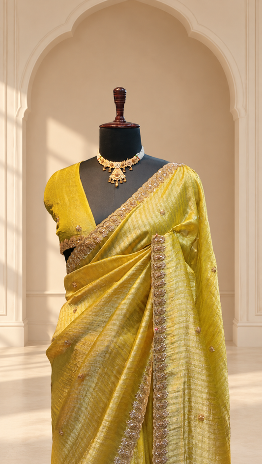 Lime Gold Tissue Silk Saree