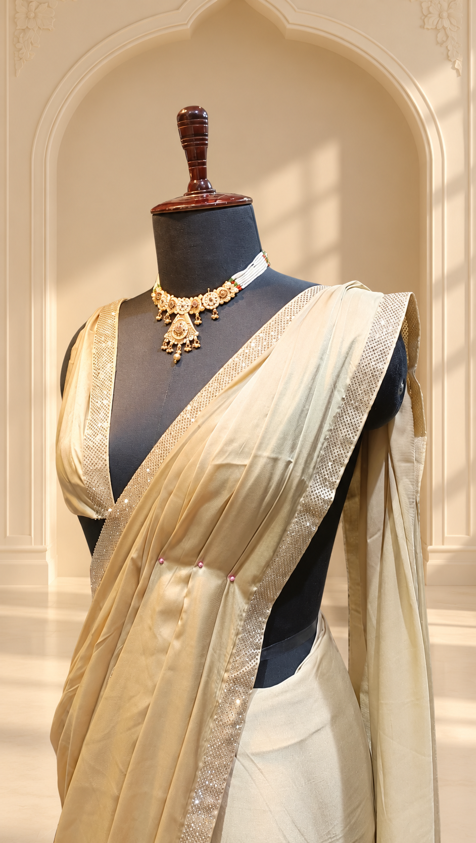 Champagne Pearl Satin Saree