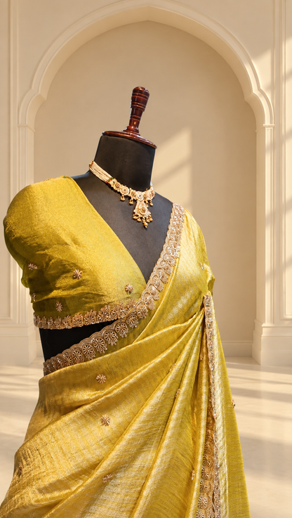 Lime Gold Tissue Silk Saree
