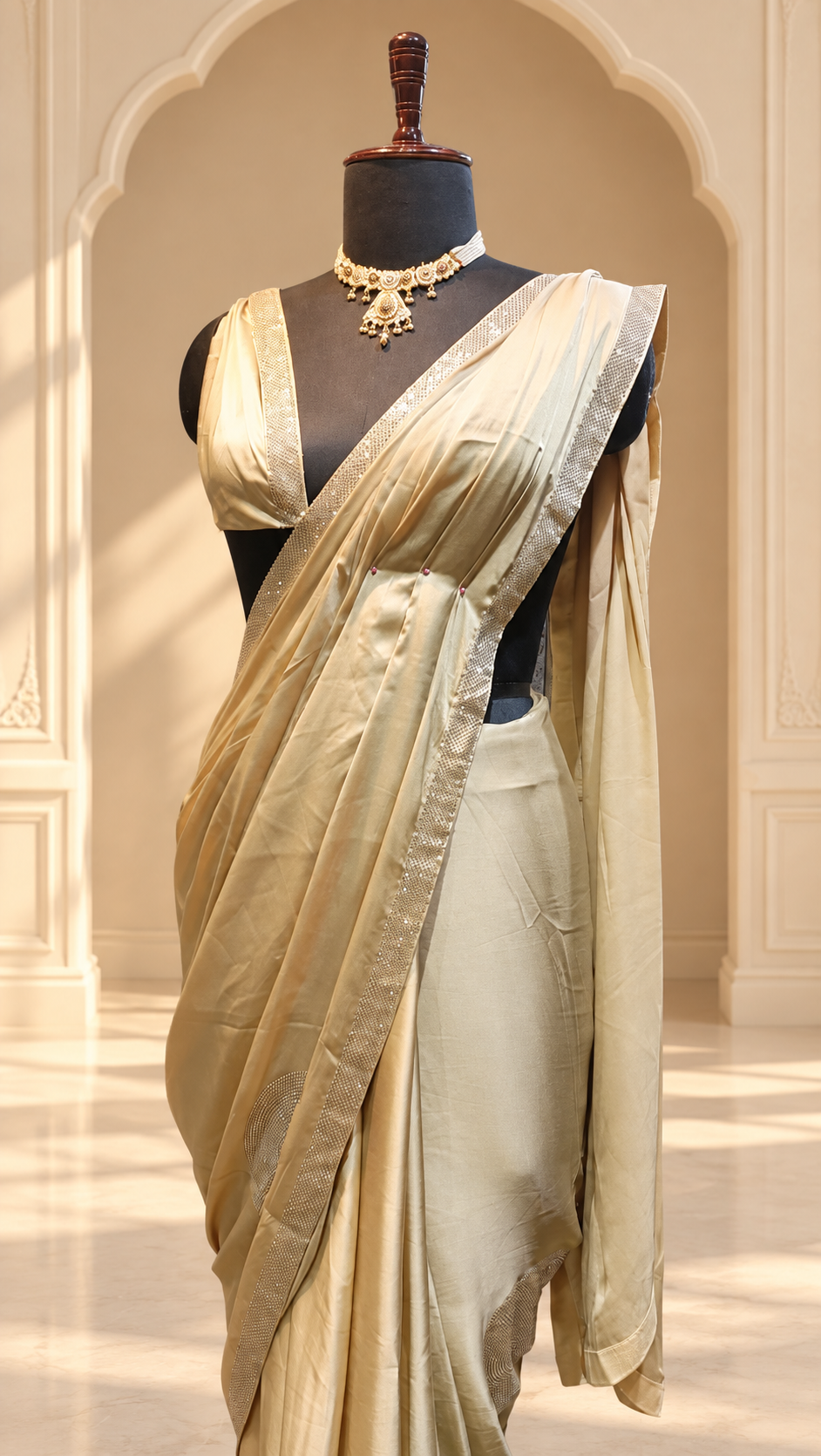 Champagne Pearl Satin Saree