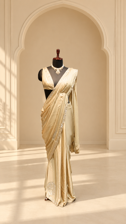 Champagne Pearl Satin Saree