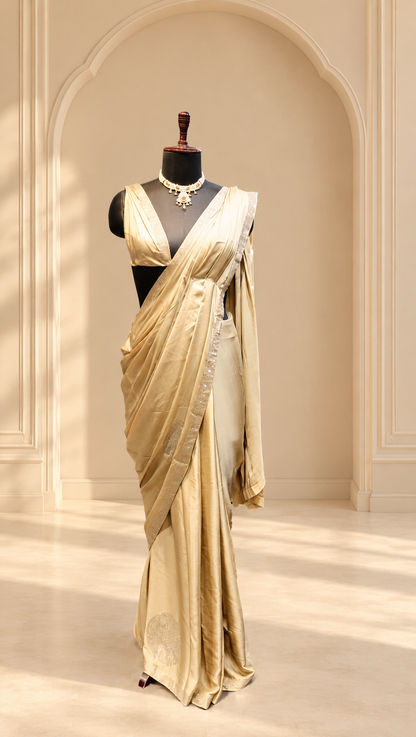 Champagne Pearl Satin Saree