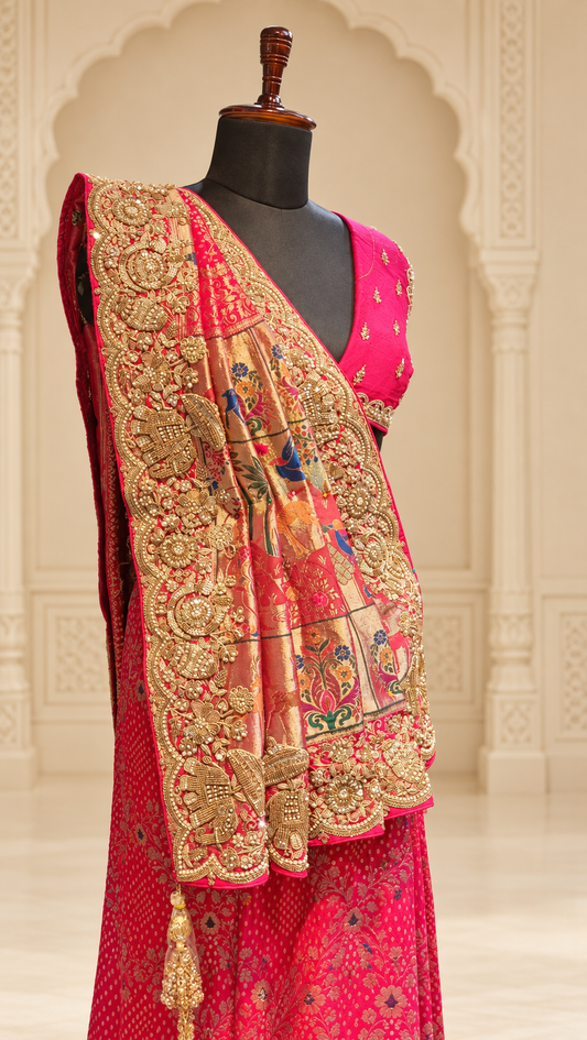 Rani Pink Heritage Bandhej Saree
