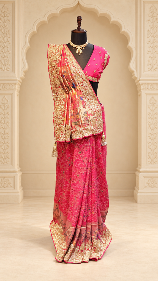 Rani Pink Heritage Bandhej Saree