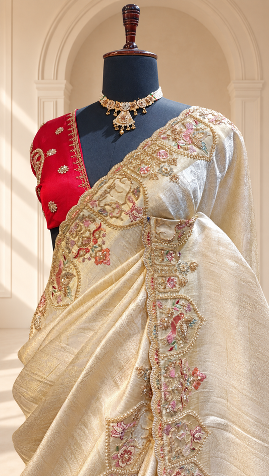 Ivory Gold Heritage Saree with Rani Pink Blouse