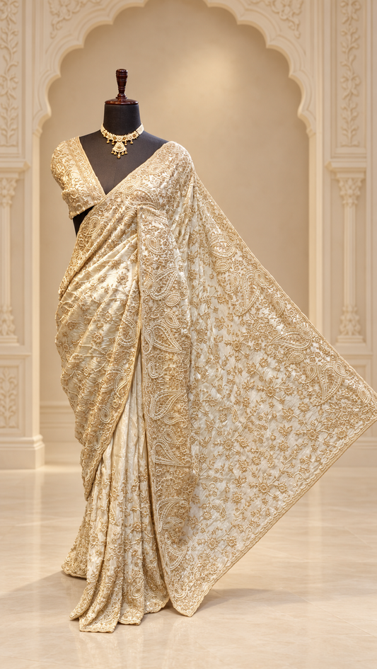 Ivory Paisley Heritage Embroidered Saree