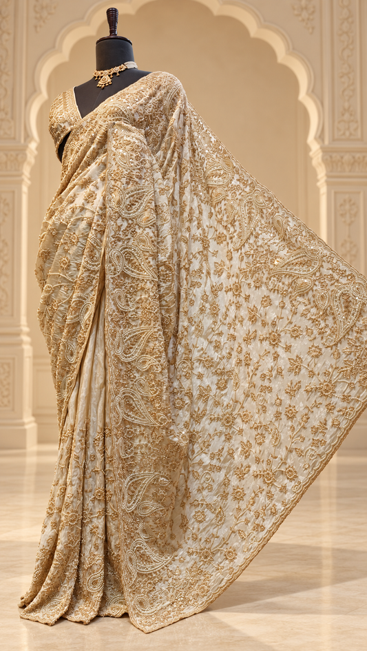 Ivory Paisley Heritage Embroidered Saree