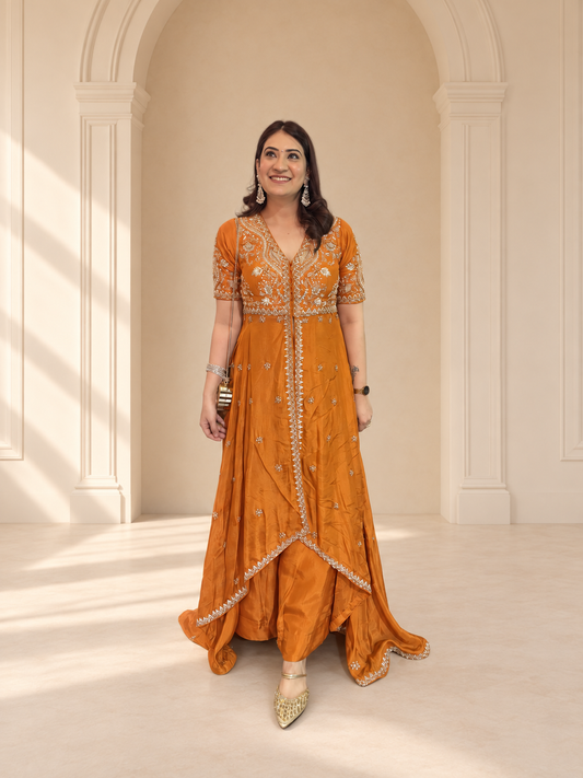 Burnt Orange Embroidered Anarkali Cord Set