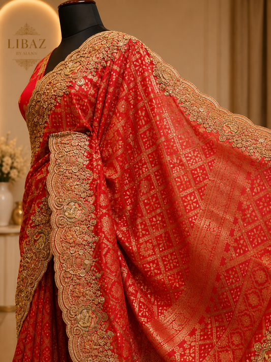 Red Bandhej Embroidered saree