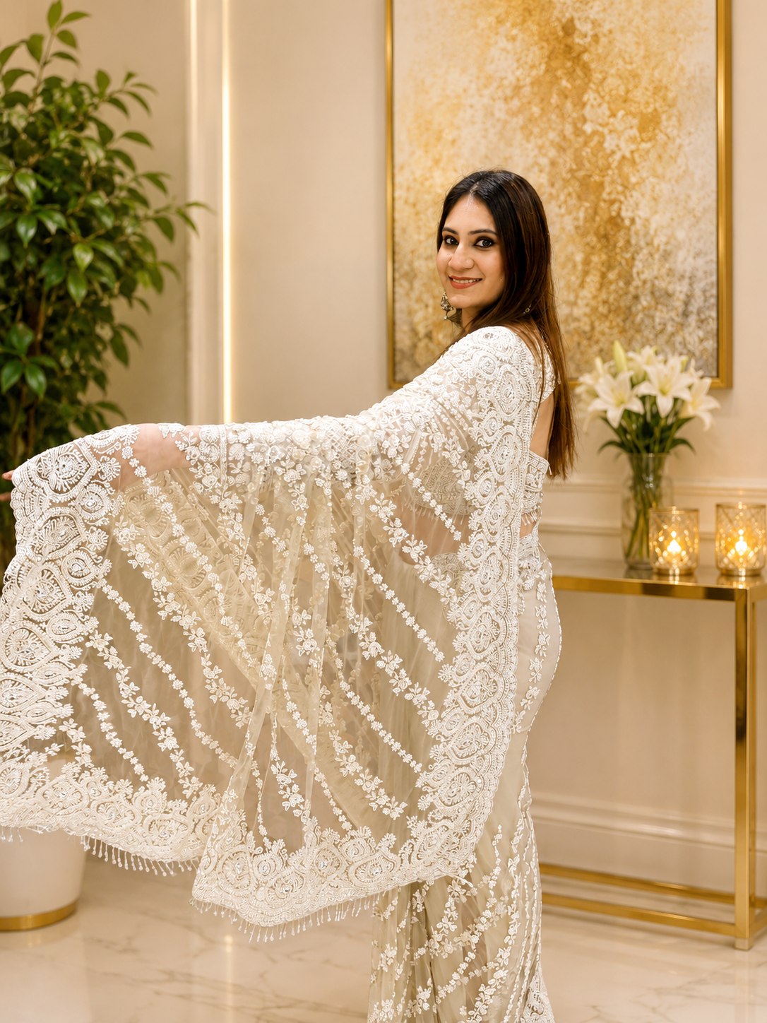 Pearl Ivory Net Saree