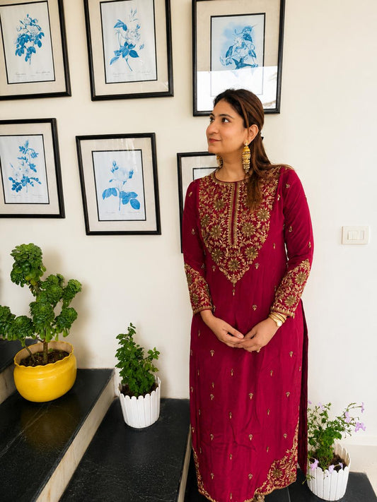 Rani Wine Heritage Embroidered Kurta