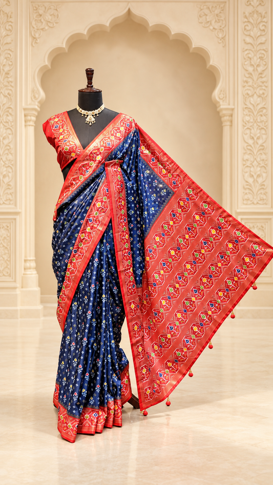 Royal Blue & Vermilion Patola Inspired Saree